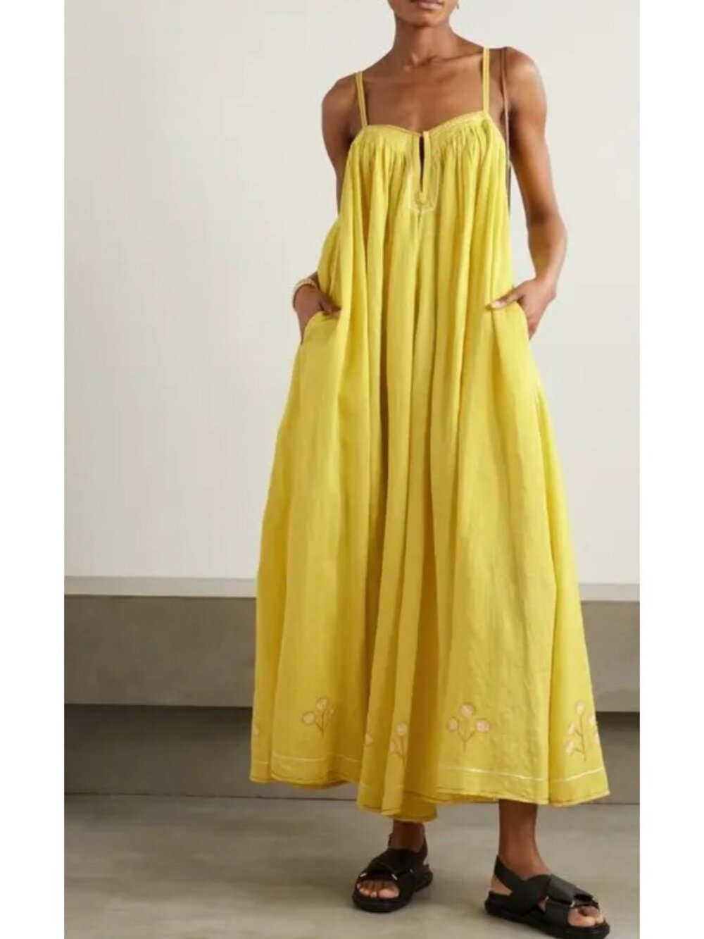 NWT Thierry Colson Zenobia Pintucked Embroidered Linen Maxi Dress